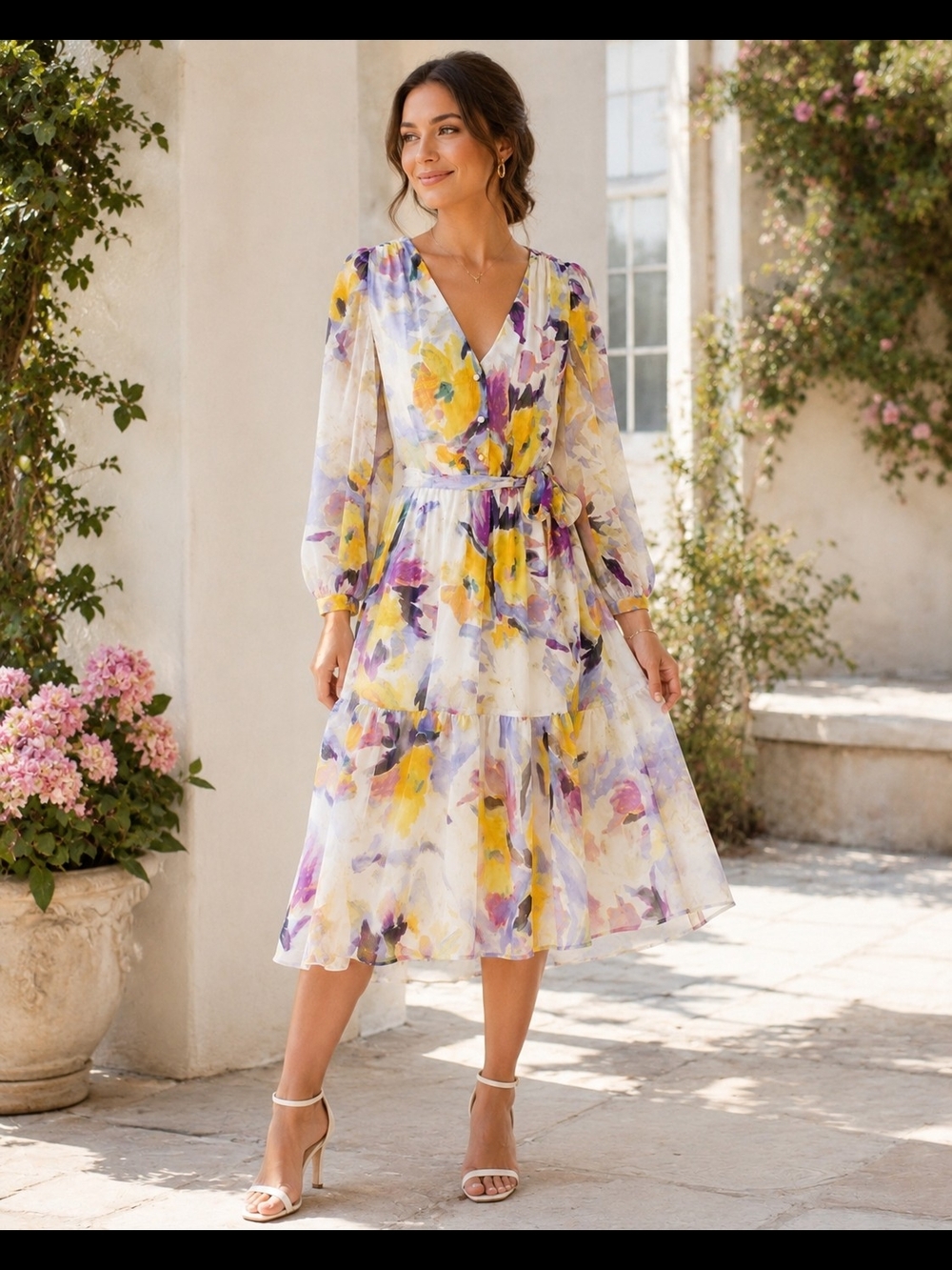 Dkny Yellow & Purple Floral Wrap Midi Dress NWOT, Size 6 - Picture 6 of 6